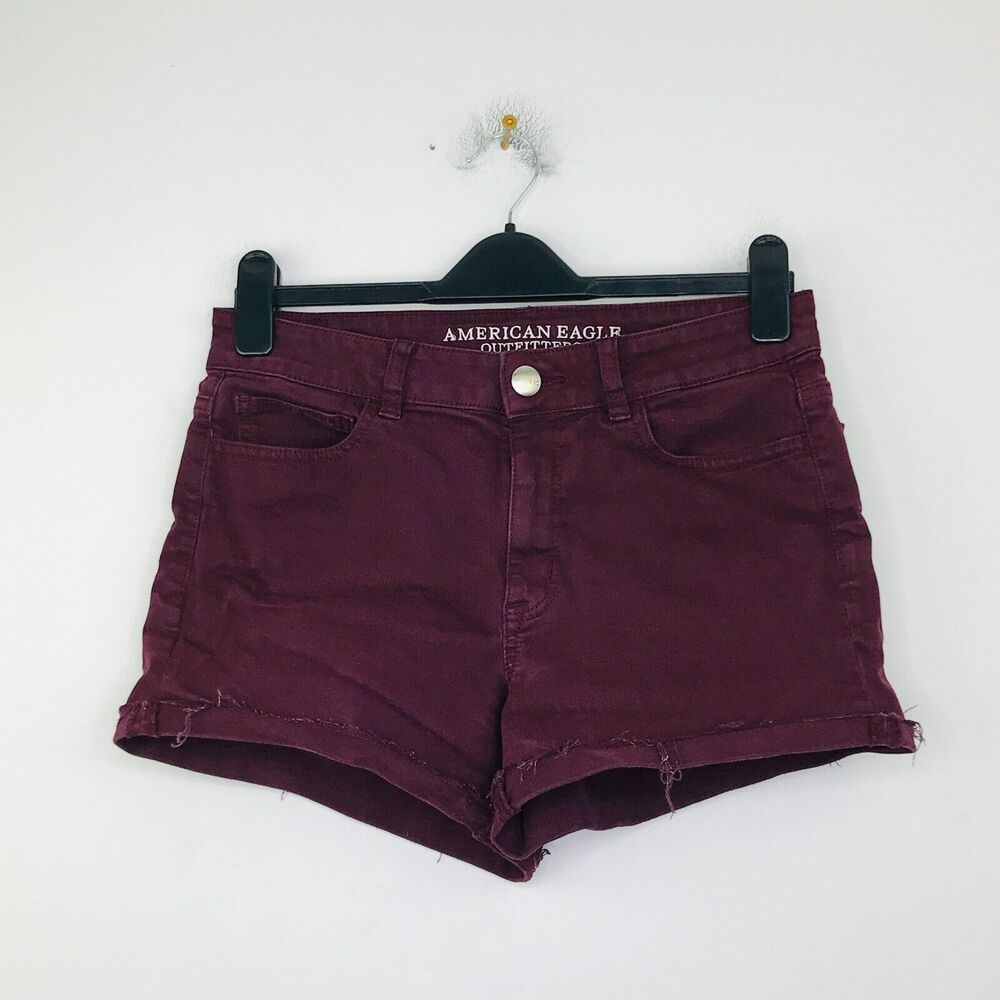 American Eagle Women's 10 Denim Shorts Red Hi-Rise Shortie Super Stretch CI4